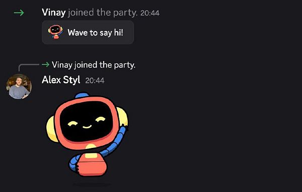 A Discord chat interface showing users joining a party with a friendly bot character.