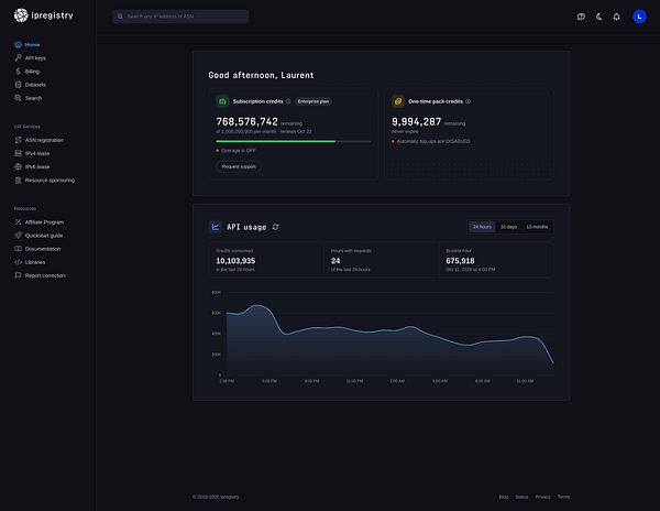 Dark-themed IPregistry dashboard showing subscription credits, one-time pack credits, and API usage statistics with navigation sidebar and search bar.