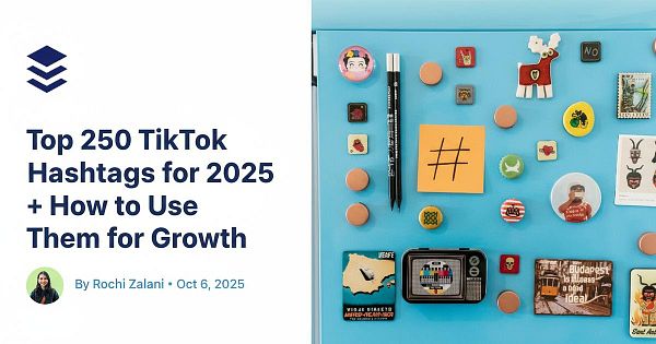 The image features a colorful arrangement of magnets and stationery items on a blue surface, alongside a blog post title and author information.