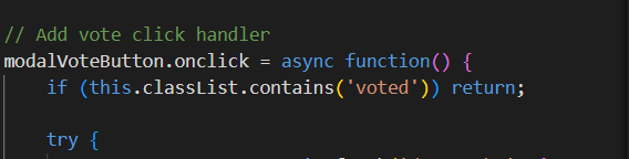 The image displays a code snippet related to handling vote clicks in a modal interface.