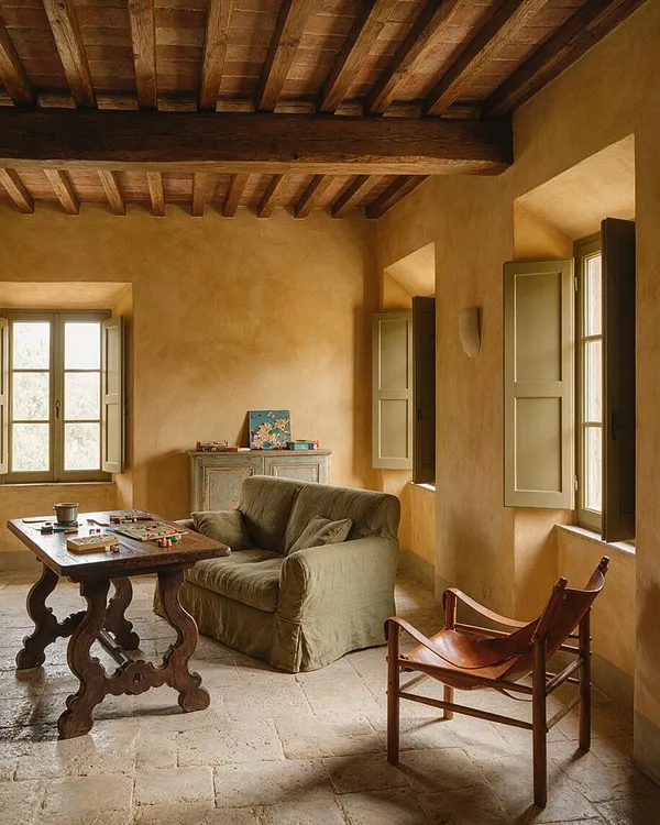 A Mediterranean-style game room with a rustic dark wood beam ceiling, warm ochre plaster walls, and stone tile flooring. The room includes a carved wood game table, an olive-green upholstered loveseat, a leather sling chair, and French windows with pale shutters that let in soft natural light.