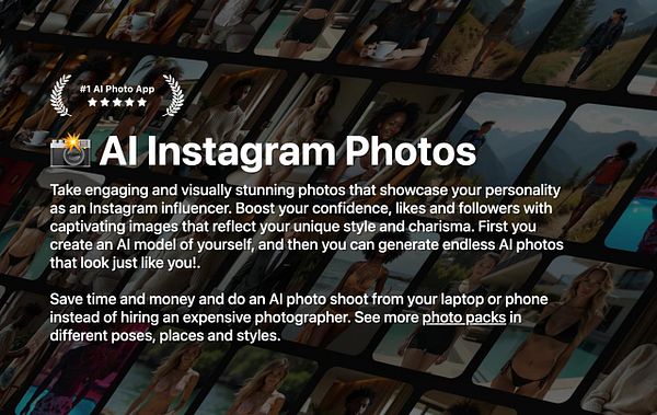 The image promotes an AI photo app designed for Instagram influencers.