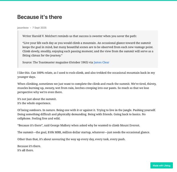 The image features a blog post reflecting on the journey of climbing mountains and the experiences that come with it.