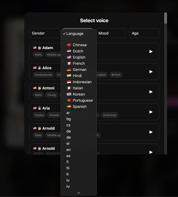 The image displays a voice selection interface for a language voice selector tool.