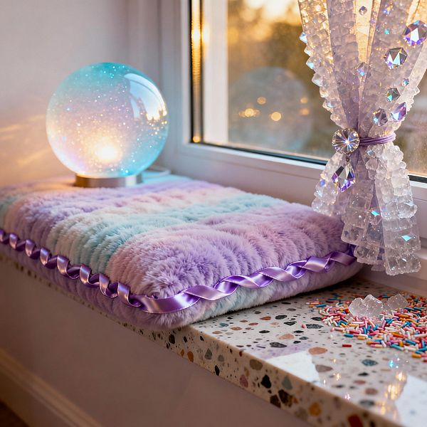 At a white-framed window, a plush pastel faux-fur cushion in ombré lavender and mint rests on a speckled terrazzo sill with a twisted purple satin edge beside a luminous glass globe lamp glowing with star-like flecks. Sheer curtains gathered by faceted crystal beads and a lilac ribbon sparkle as colorful candy sprinkles and rock-candy pieces scatter on the ledge, completing a playful candy-shop look.
