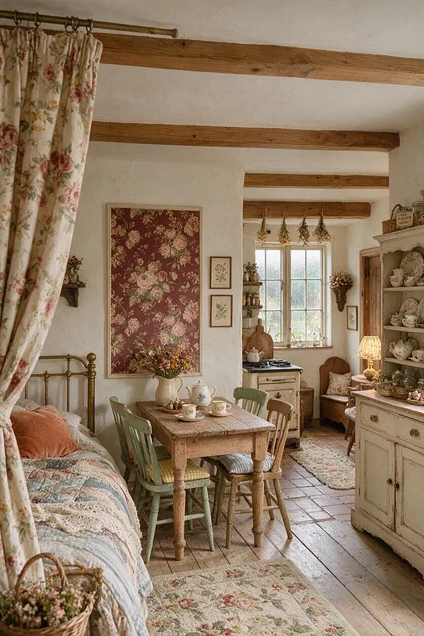 A cozy cottagecore studio apartment with exposed wooden ceiling beams, cream plaster walls, and floral fabrics throughout. A small rustic wood dining table with mismatched painted chairs sits beside a window, surrounded by vintage cabinetry, open shelving, and soft natural light.