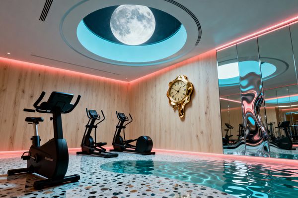 Home gym featuring a black stationary bike and two elliptical trainers against pale wood walls with neon pink edge lighting. An aqua-lit circular ceiling oculus shows an oversized moon; a gold-tone melting clock hangs nearby; a rippled mirrored wall reflects the machines; and speckled terrazzo flooring appears to turn into a small pool of water, creating a surreal, dreamlike workout setting.