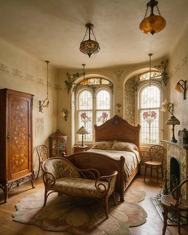 A richly decorated Art Nouveau bedroom with a carved wooden bed, matching settee, and floral-upholstered seating. The room features stained-glass windows, arched openings, amber glass pendant lights, hand-painted wall motifs, and warm wood furniture with botanical detailing.