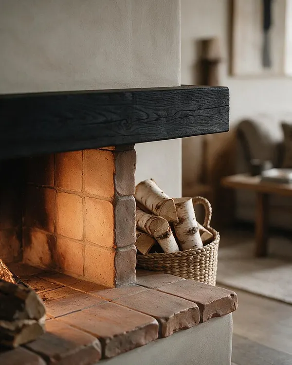 A cozy interior features a plastered fireplace with warm terracotta brick surround, a thick charred black wood mantel, and a woven basket filled with birch logs. Soft neutral walls and blurred wooden furnishings in the background reinforce the calm Japandi style.