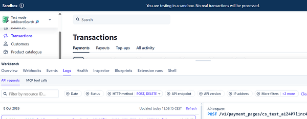 Screenshot of a payment transactions log interface in sandbox test mode showing API requests for a job board search tool.
