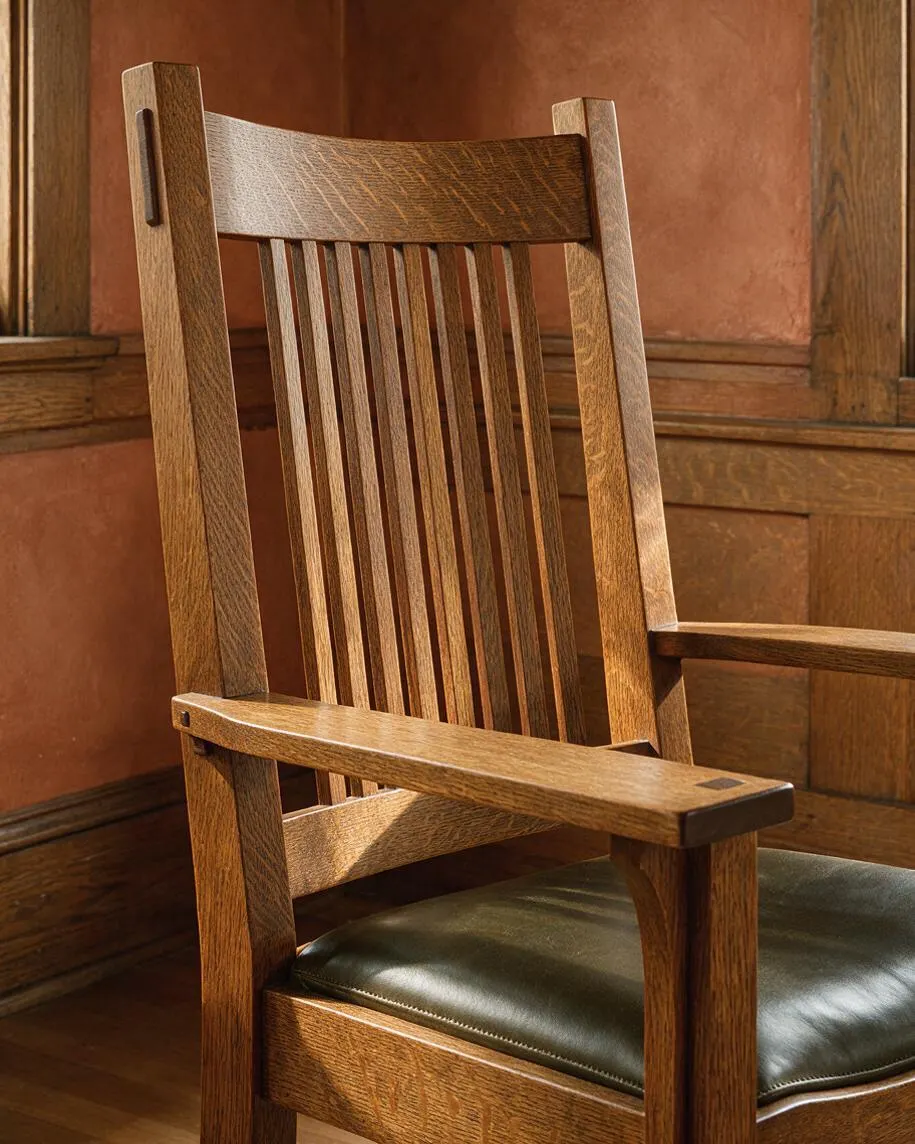 A handcrafted Craftsman-style wooden armchair with a high slatted back, broad flat arms, and a dark leather seat. The chair is made from warm oak with visible grain and simple square joinery, set against wood-paneled walls in a softly lit room.