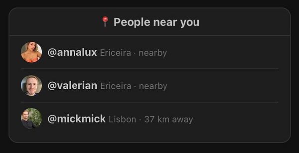 Screenshot of an online map showing locations of nearby people around a central point, with user interface elements for navigation and search.
