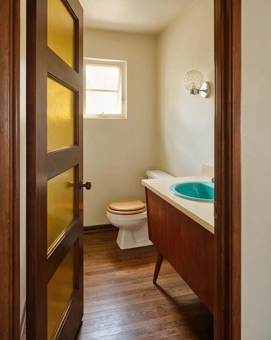 A compact powder room with a walnut mid-century vanity, white countertop, and turquoise vessel sink. The space includes a white toilet with a wood seat, a small frosted window, amber glass door panels, and a globe wall sconce on cream walls over a warm wood floor.