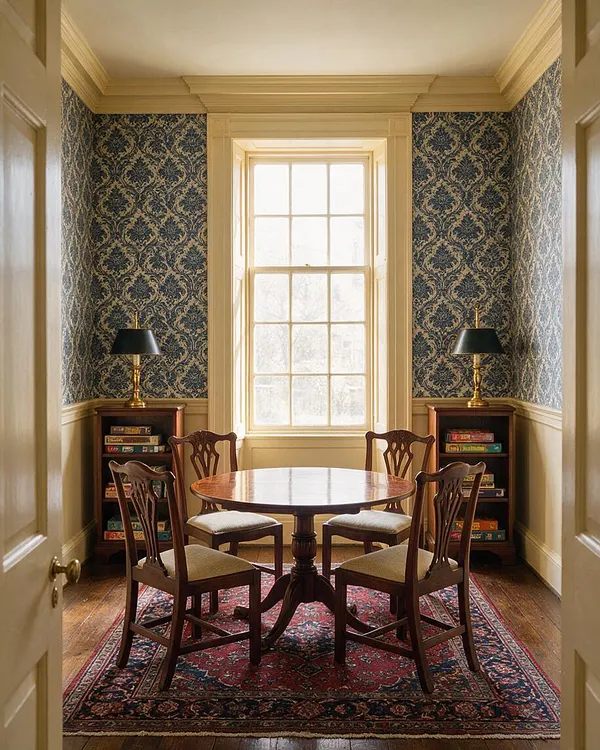 A traditional game room with patterned blue wallpaper, cream trim, and a large centered window. A round wooden game table sits on a red Persian-style rug, surrounded by four carved wood chairs, with small bookcases and brass lamps on either side.
