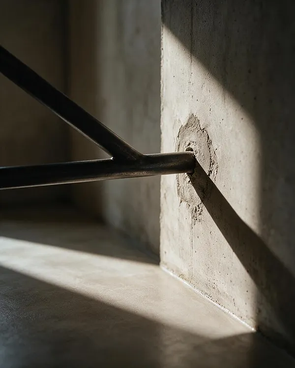 A close-up of a Brutalist interior detail shows a raw concrete wall with a black steel bar or brace anchored into it. Strong sunlight casts sharp diagonal shadows across the textured surface and floor, emphasizing the material contrast and sculptural geometry.