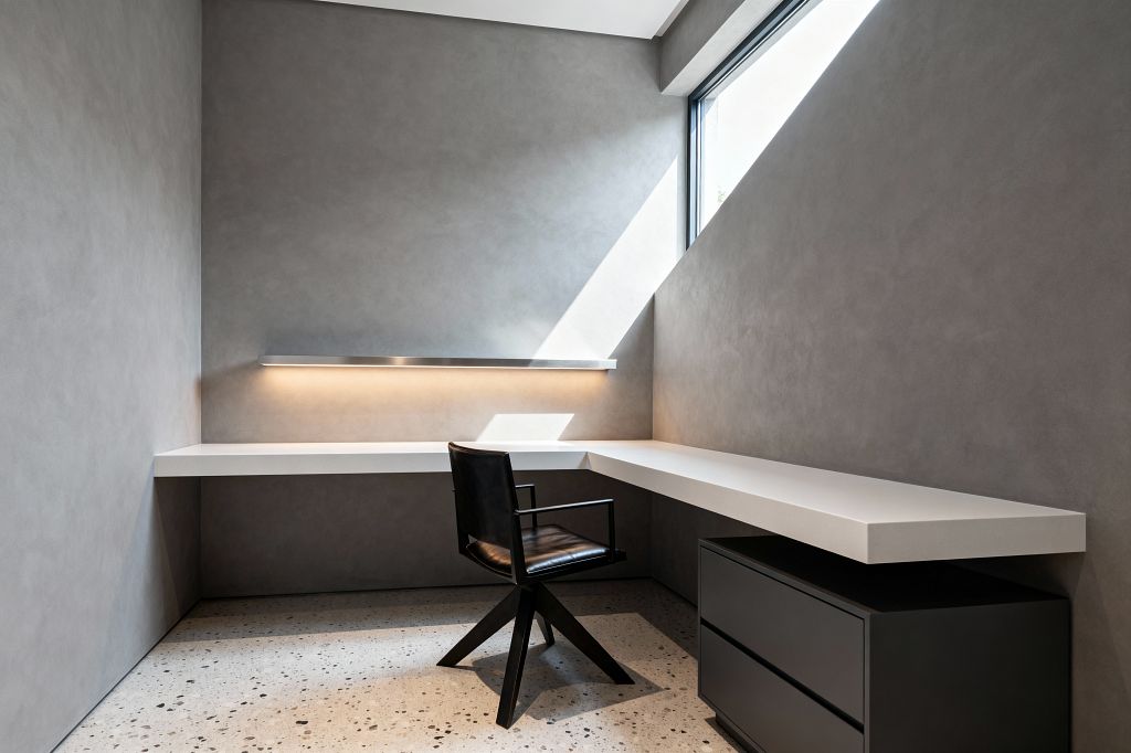 A compact, gray-walled home office features a thick, white, floating L-shaped desk wrapping two walls, paired with a matte black two-drawer pedestal and a black swivel armchair. A slim metal wall shelf with integrated warm LED lighting runs along the back wall. Daylight from a high corner window throws angular shadows across smooth plaster walls and a light gray terrazzo floor, leaving the space uncluttered and serene.