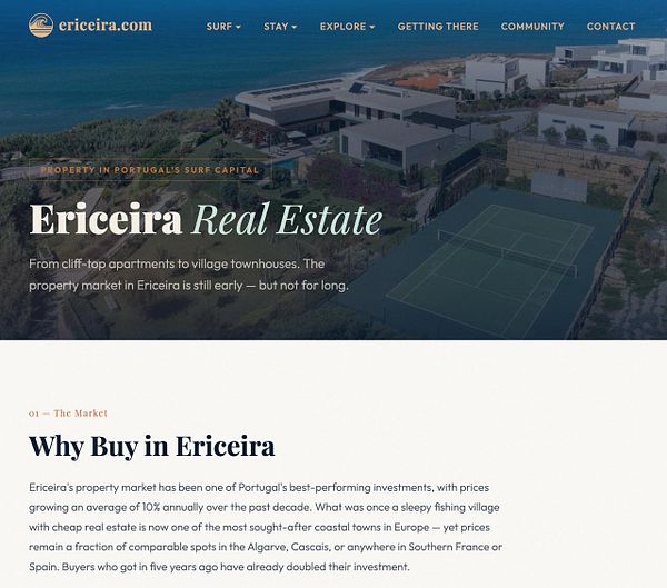 A circular logo design for ericeira.com incorporating coastal and surfing elements with text.