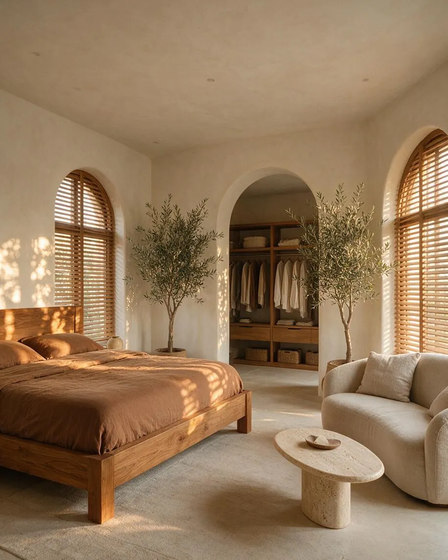 A serene master bedroom with a wooden bed, warm brown bedding, and two indoor olive trees placed beside an arched closet opening. Soft beige walls, arched windows with wood blinds, a curved cream sofa, and a small stone coffee table create a calm biophilic atmosphere.