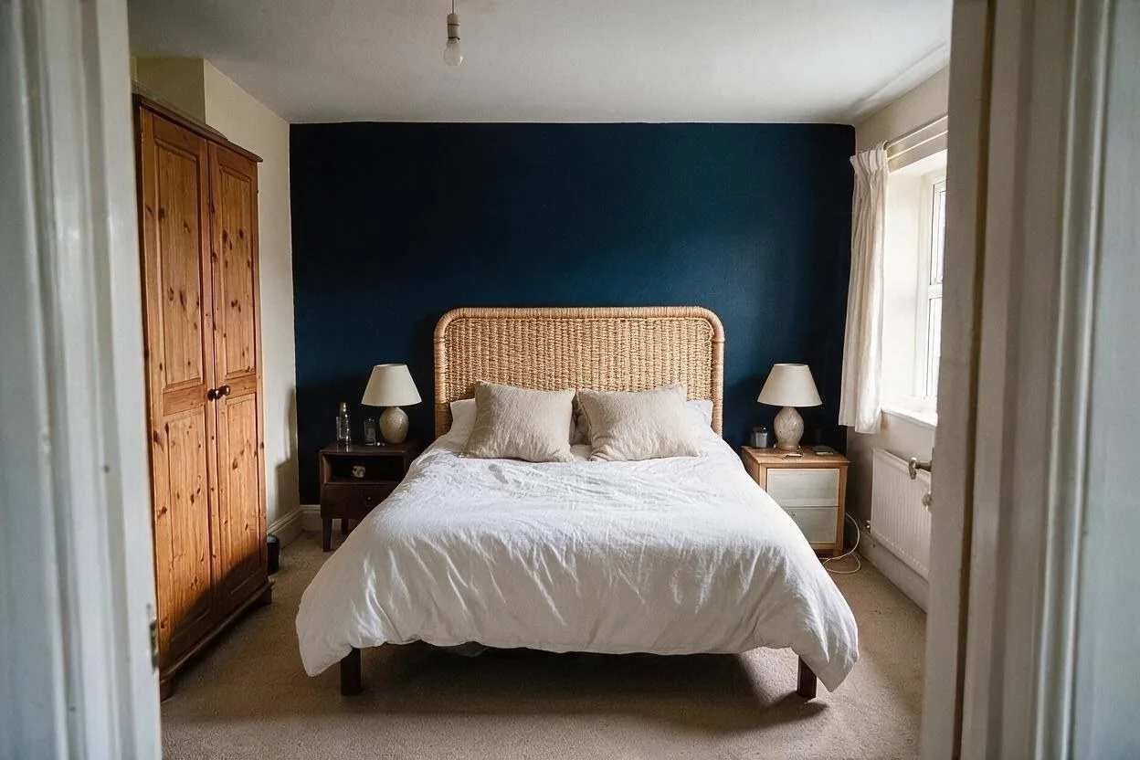 The same room after: White linen bedding and a pair of ceramic lamps.