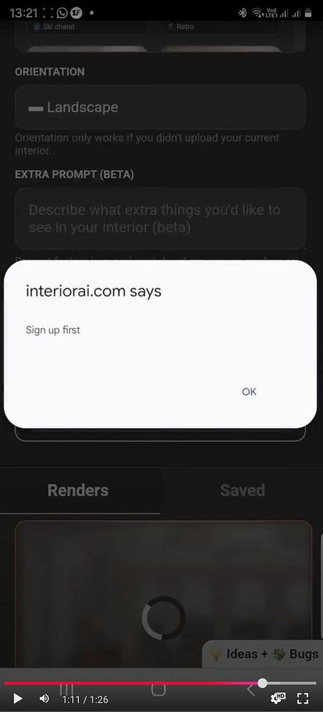 A pop-up message from the website interiorai.com prompts the user to sign up.
