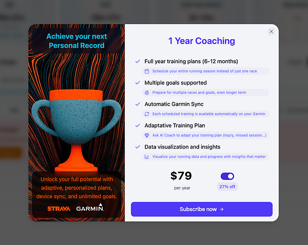 The image features a promotional modal for a one-year coaching plan with a vibrant design and key features listed.