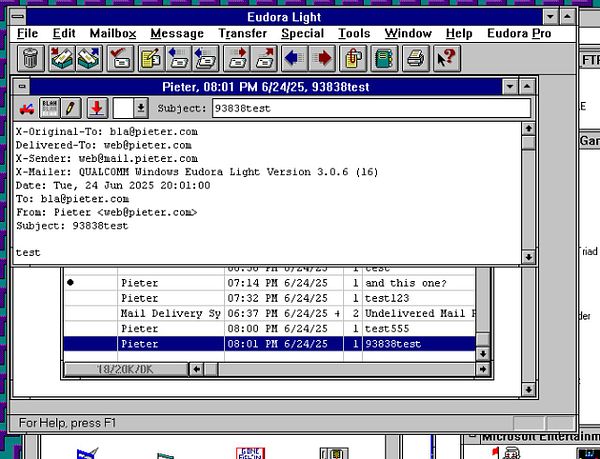The image displays an email interface from Eudora Light showing a message thread and details about an email sent by Pieter.