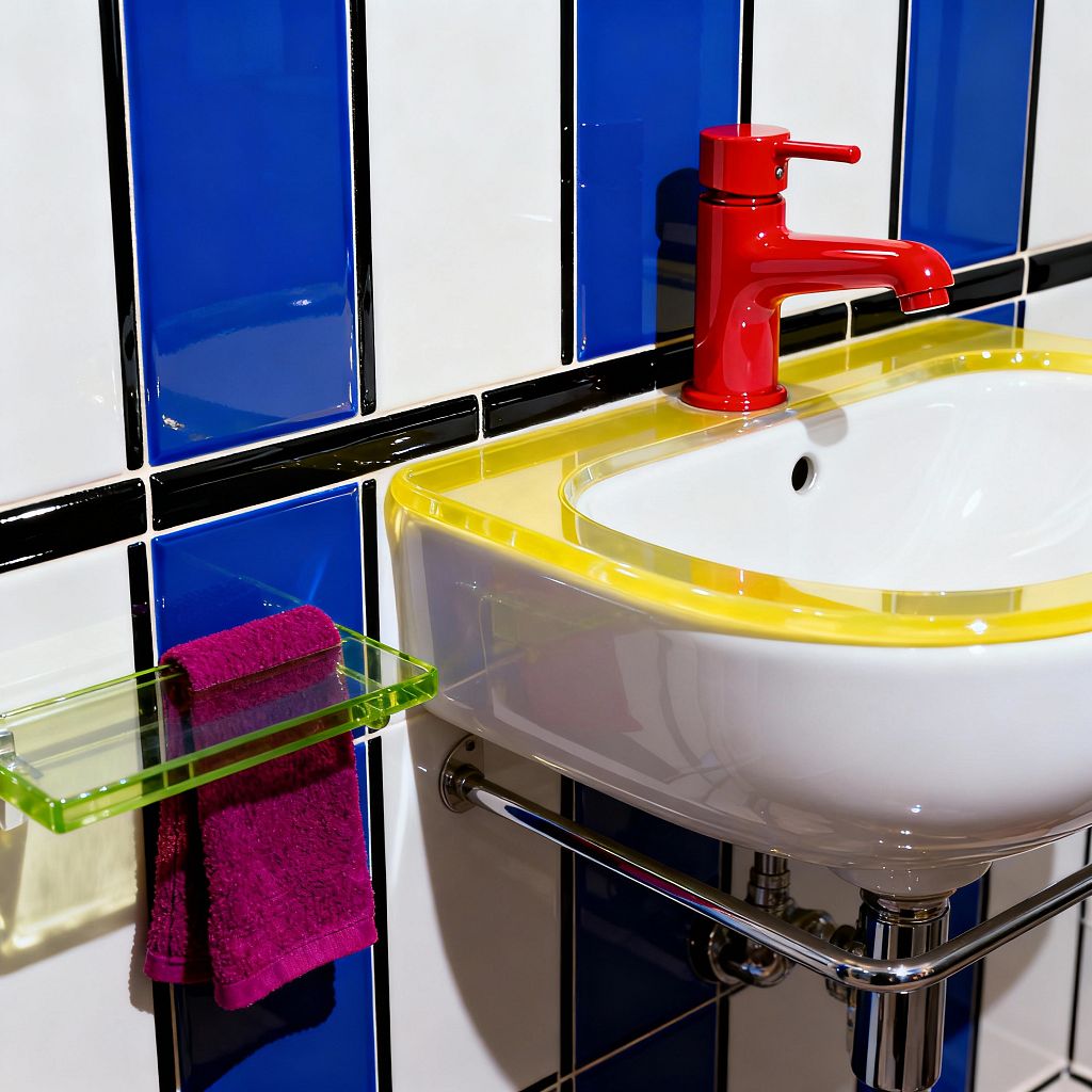 A wall-mounted white ceramic sink with a translucent yellow rim and a glossy red single-lever faucet is set against a grid of high-gloss white and cobalt blue rectangular tiles with black grout lines. A lime-green acrylic shelf holds a magenta hand towel, while polished chrome plumbing and a towel rail are exposed beneath the basin, creating a bright, graphic Pop Art look.