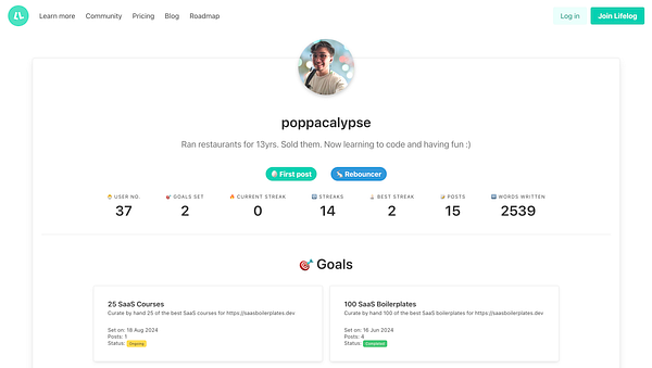 User profile for 'poppacalypse' on the Lifelog platform, showcasing their activity and goals.