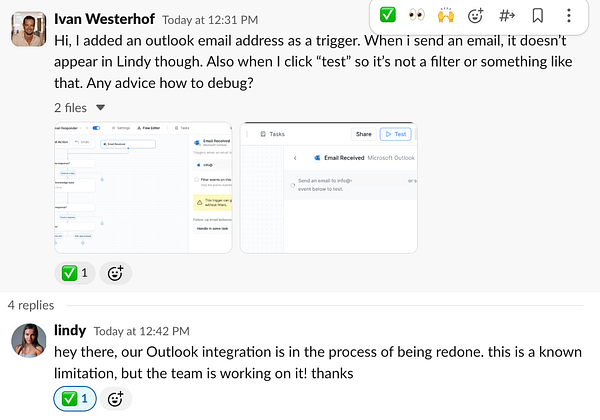 A user is seeking help regarding an Outlook integration issue in a task management interface.