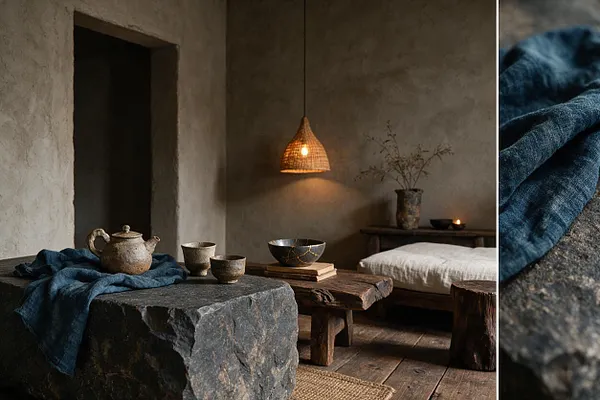 A muted Wabi-Sabi interior with rough plaster walls, a dark stone block used as a low table, a rustic wooden bench, and a woven pendant lamp casting a warm glow. Indigo textiles, handmade ceramics, and a simple bed with white bedding add a calm, tactile atmosphere.