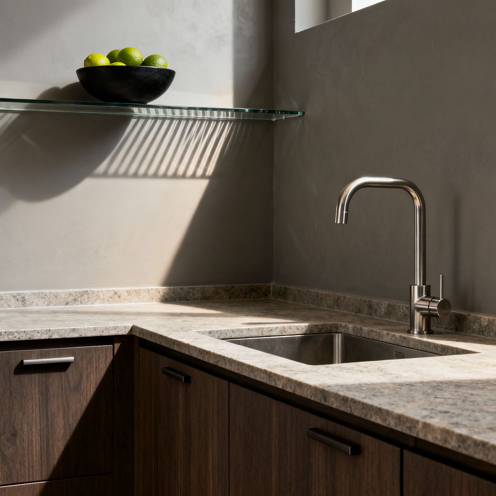 A minimalist kitchen corner with dark wood flat-panel cabinets and black hardware, a light speckled stone countertop with a short matching backsplash, and a stainless-steel undermount sink with a brushed gooseneck faucet. Warm daylight from a small high window casts shadows across smooth gray plaster walls and a slim glass shelf that holds a matte black bowl filled with green limes, emphasizing clean lines and simple materials.