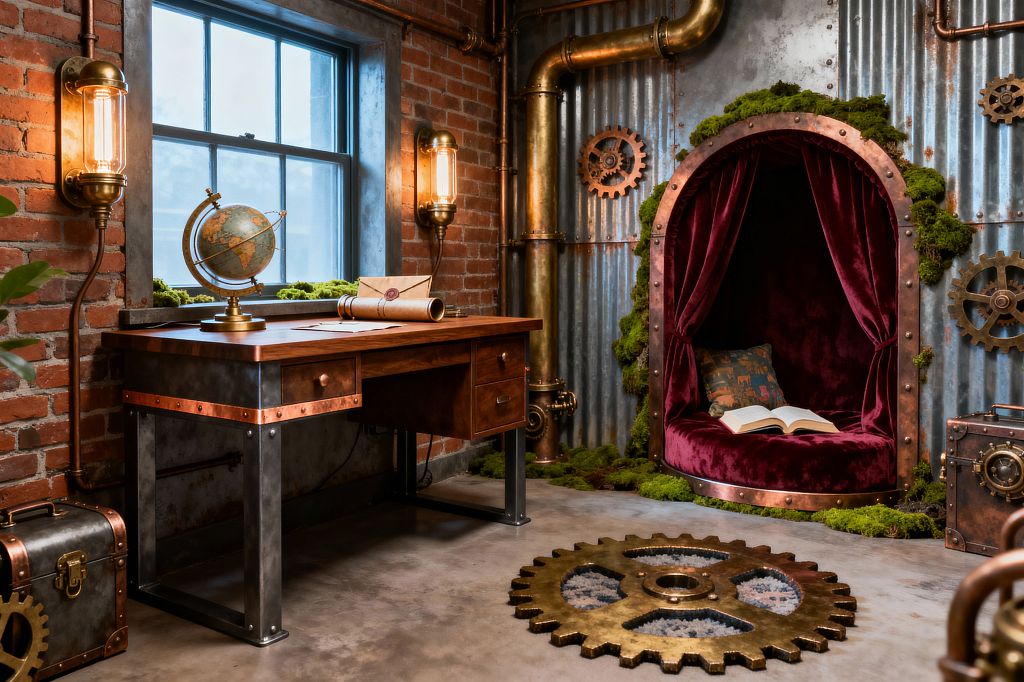 A steampunk-inspired kids’ room features exposed brick and corrugated metal walls lined with oversized copper pipes and gear details. A walnut desk with copper trim sits under a window between brass Edison sconces, holding a globe and rolled maps, while a burgundy velvet, rivet-framed porthole reading nook edged in green moss anchors the right side; a large gear-shaped floor accent and vintage trunks rest on the polished concrete floor.