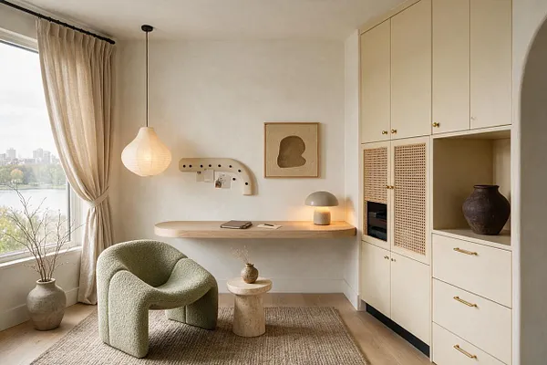 A serene home office with a curved moss-green upholstered chair on a woven natural rug, a floating wood desk, and cream built-in cabinets with cane-panel doors and brass pulls. A large window with flowing linen drapes brings in soft daylight, while a paper pendant lamp and earthy decor add warmth.