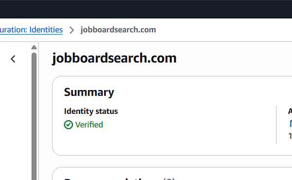 Screenshot of an Amazon SES Email identities verification page showing an Email Identity with status 'Success'.
