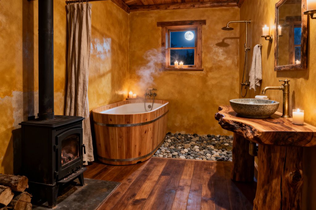 A rustic bathroom with golden plaster walls features a cedar soaking tub set into a bed of smooth river stones, a rainfall shower with exposed brass fittings, and a live-edge wood vanity with a stone vessel sink. A black wood-burning stove, wide-plank wood floors, linen curtain, wall candles, and a small window showing a full moon create a warm, intimate atmosphere with steam rising from the bath.