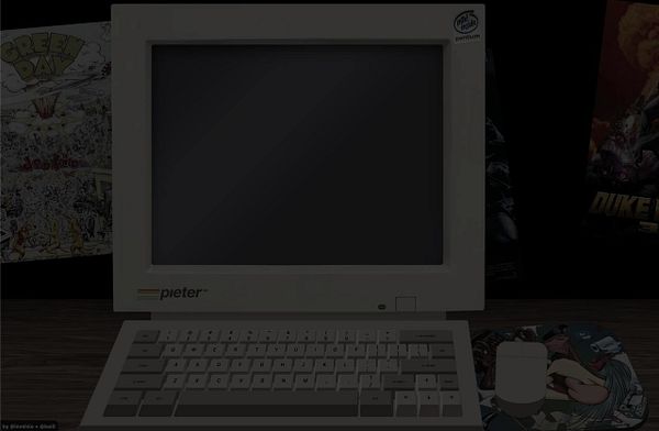 A retro computer setup featuring a monitor, keyboard, and mouse on a wooden desk.