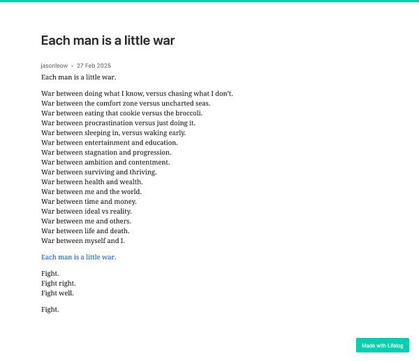 A text post titled 'Each man is a little war' explores various internal conflicts faced by individuals.