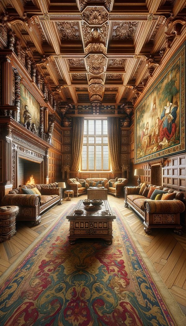 An opulent Elizabethan-style living room with heavy oak furniture, rich tapestries on the walls, and elaborate ceiling woodwork.