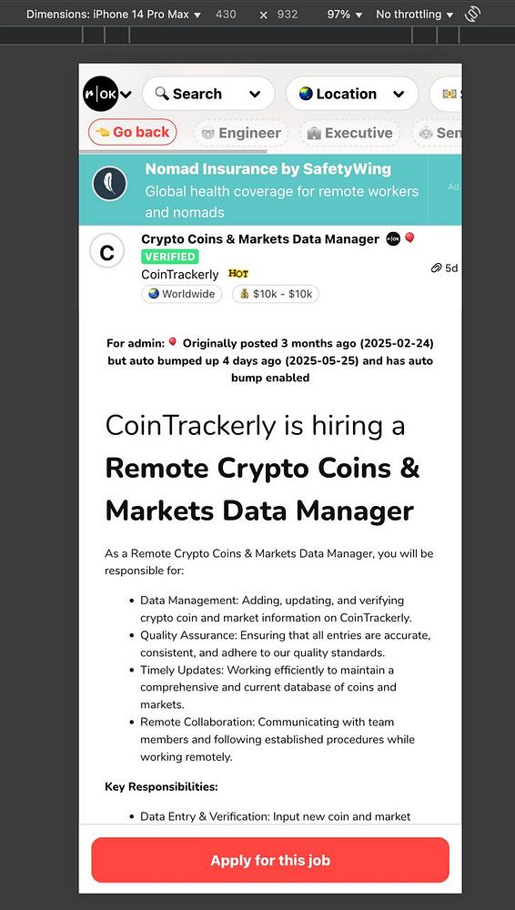 The image displays a job posting for a Remote Crypto Coins & Markets Data Manager position at CoinTrackerly.