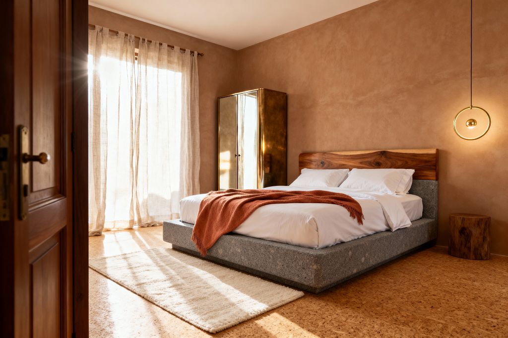A modern bedroom features a low platform bed with a gray felt-upholstered base and a live-edge walnut headboard, dressed in white linens with a rust throw. Sunlight filters through floor-length linen curtains onto cork flooring and a cream wool rug, while a mirrored brass wardrobe, a circular brass pendant light, and a stump wood side table sit against smooth terracotta plaster walls, creating a warm, minimal look.