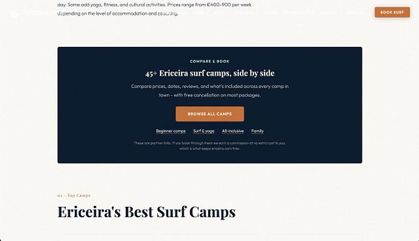 Section of the ericeira.com website displaying a comparison and booking tool for over 45 surf camps in Ericeira with browsing and filtering options.