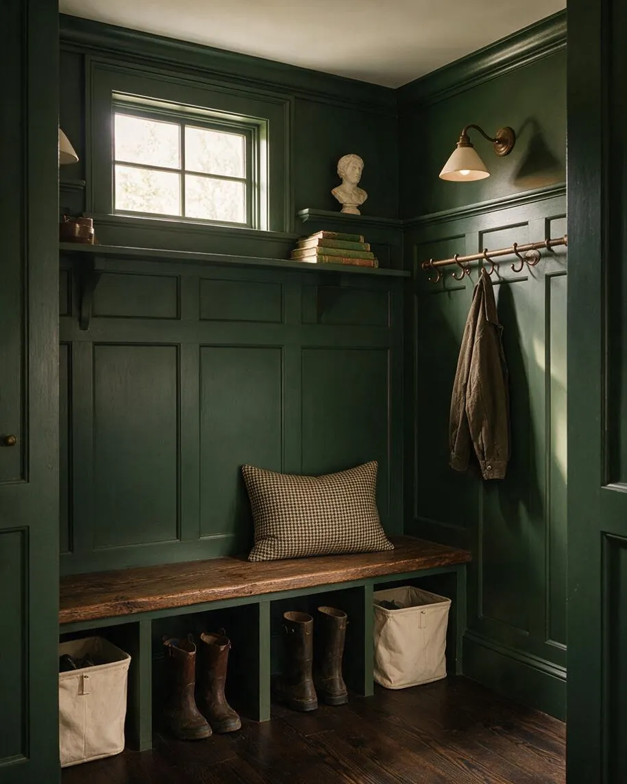 A moody mudroom with deep forest green paneled walls, a rustic wooden bench, and built-in cubbies below for boots and storage bins. A brass wall sconce, a small window shelf with stacked books and a bust, and a hanging coat add to the Dark Academia atmosphere.