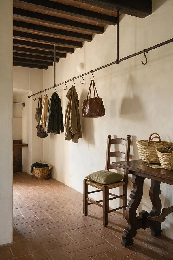 A narrow Mediterranean-style mudroom with terracotta floor tiles, white plaster walls, and dark exposed ceiling beams. A black metal overhead hanging rail holds coats and bags, while a rustic wooden chair, woven baskets, and a heavy wood table add warm, functional character.