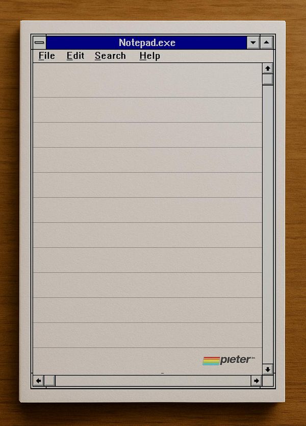 A digital representation of a Notepad application interface on a wooden surface.