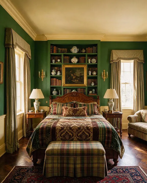 A traditional master bedroom with deep green walls, a carved wood bed, and a built-in bookshelf centered behind the headboard. The room features plaid and patterned bedding, matching upholstered bench, draped windows, brass wall sconces, and warm wood floors for a rich, formal feel.