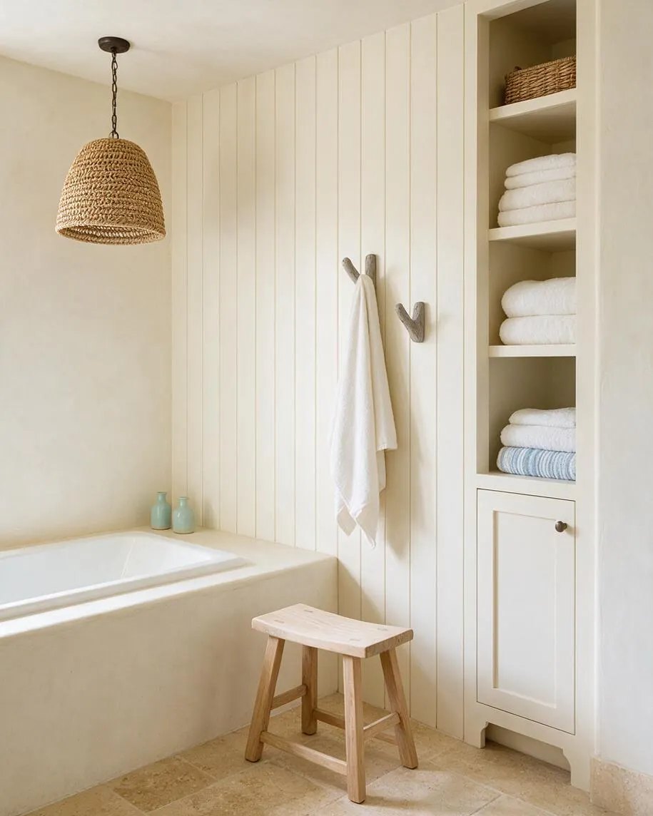 A calm coastal master bathroom with a freestanding tub, cream vertical shiplap walls, and built-in open shelving stacked with white towels. A woven pendant light hangs above the tub, and a small wooden stool sits on the stone floor, adding warmth to the soft neutral palette.