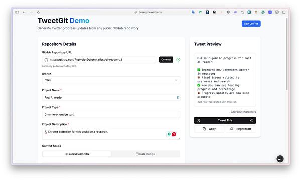 The image displays the interface of the TweetGit demo application for generating Twitter updates from GitHub repositories.
