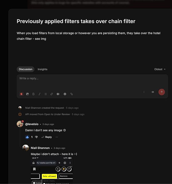 A dark-themed task discussion interface highlighting an issue with filters taking over the hotel chain filter, including a comment exchange and a partial screenshot attachment.