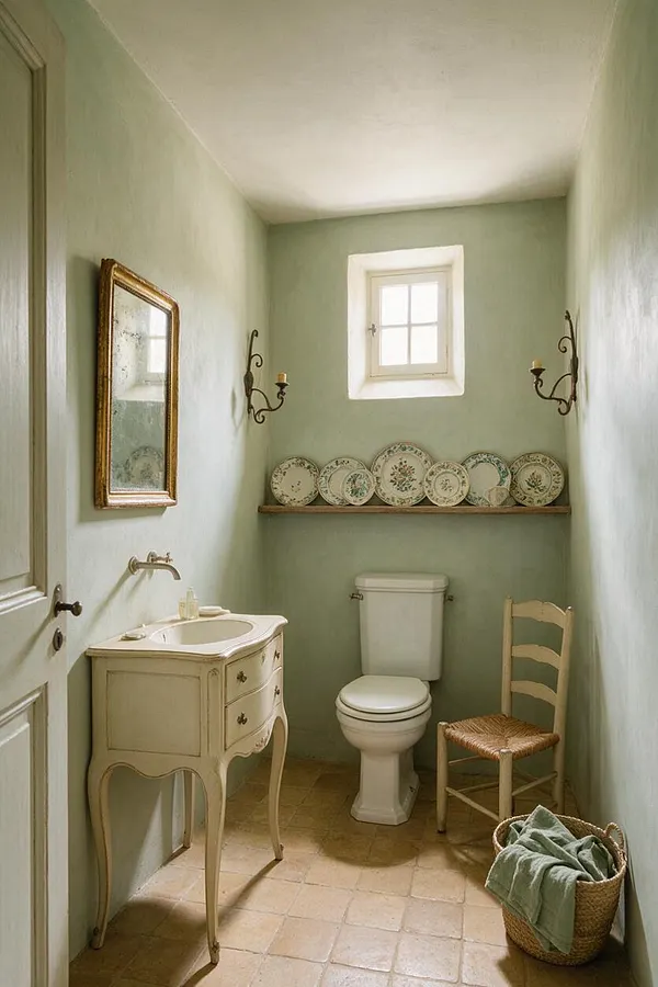 A narrow French Country powder room with pale sage plaster walls, a small white-paned window, and a cream vintage vanity with curved legs and a vessel sink. Decorative plates line a wooden shelf above the toilet, with wrought-iron wall sconces, a rustic chair, and a woven basket adding warmth.