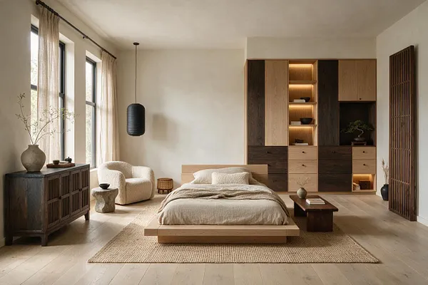 A serene guest bedroom with a low wooden platform bed centered on a natural woven rug, soft beige bedding, and a neutral plaster-like wall finish. Built-in storage with mixed light and dark wood fronts glows with warm shelf lighting, while a cushioned accent chair, pendant light, and simple decor complete the calm Japandi look.